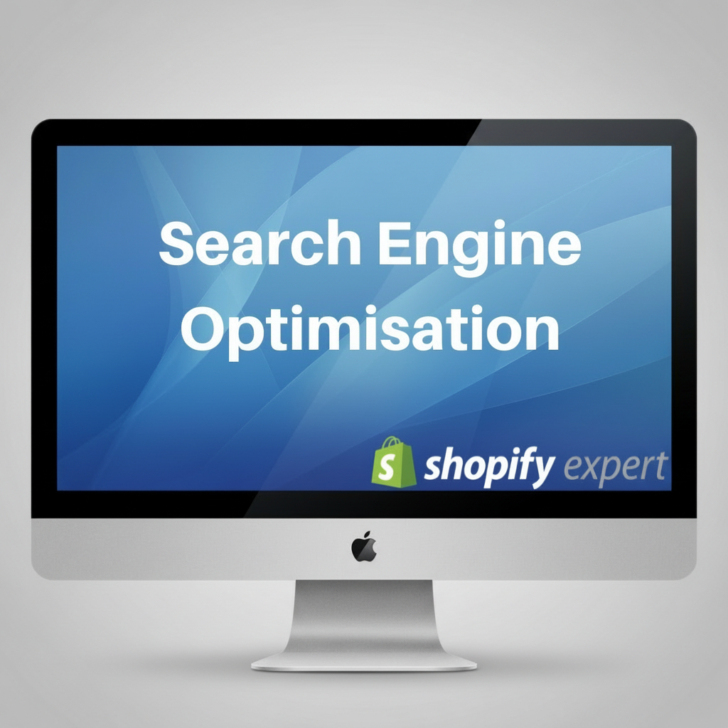 Computer monitor displaying 'Search Engine Optimisation' with Shopify Expert logo