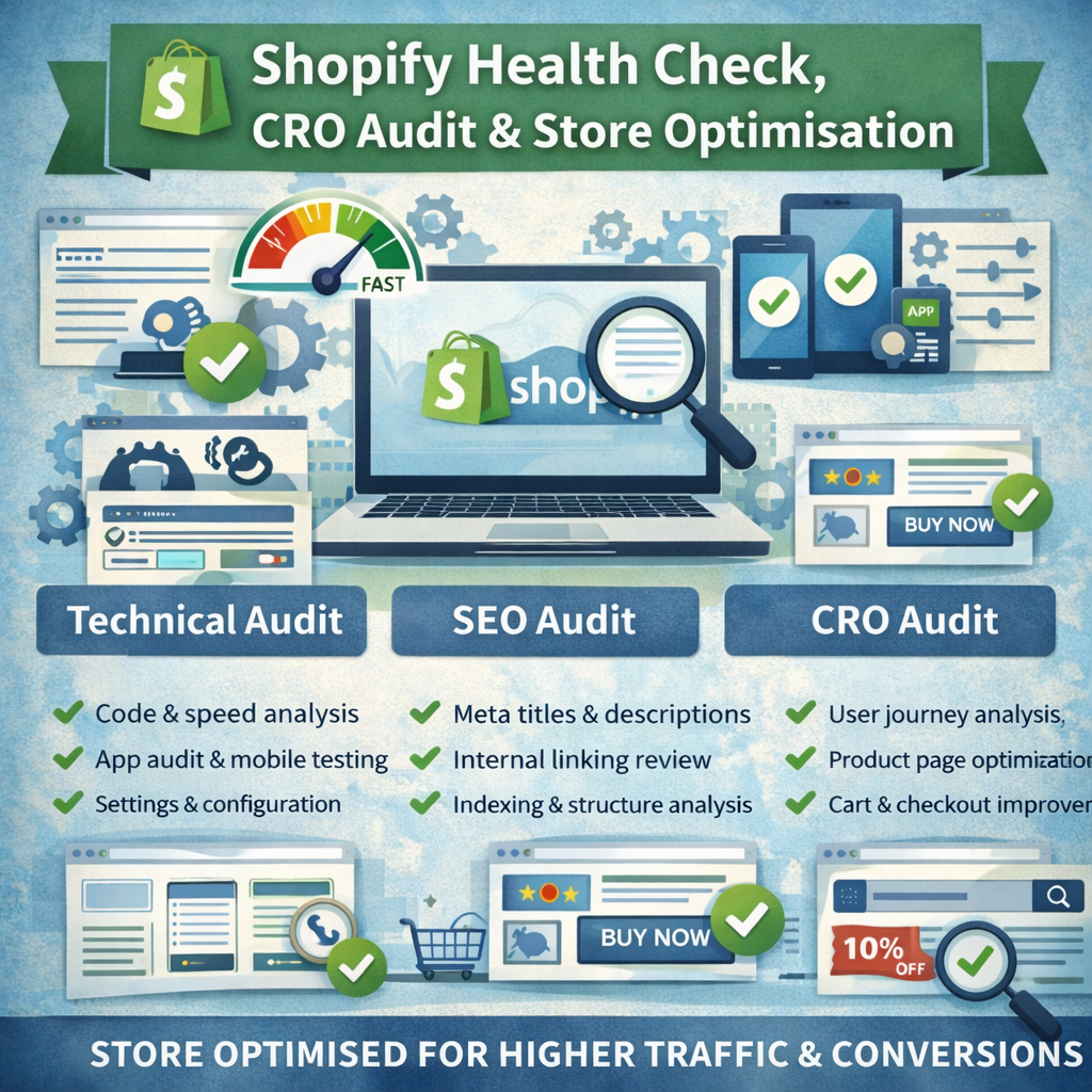 Shopify health check and store optimization services with various audit types and features.