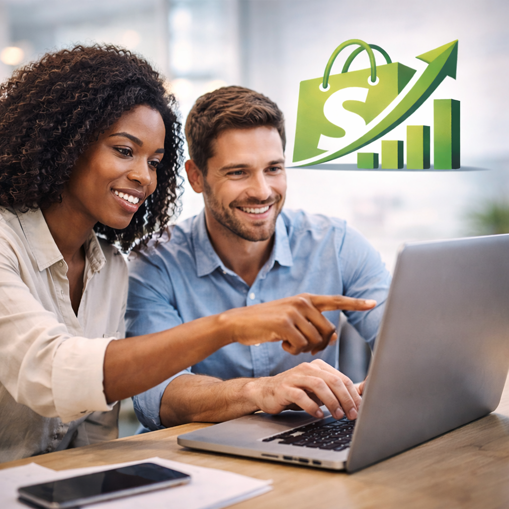 Two people looking at a laptop with a Shopify growth chart icon above them