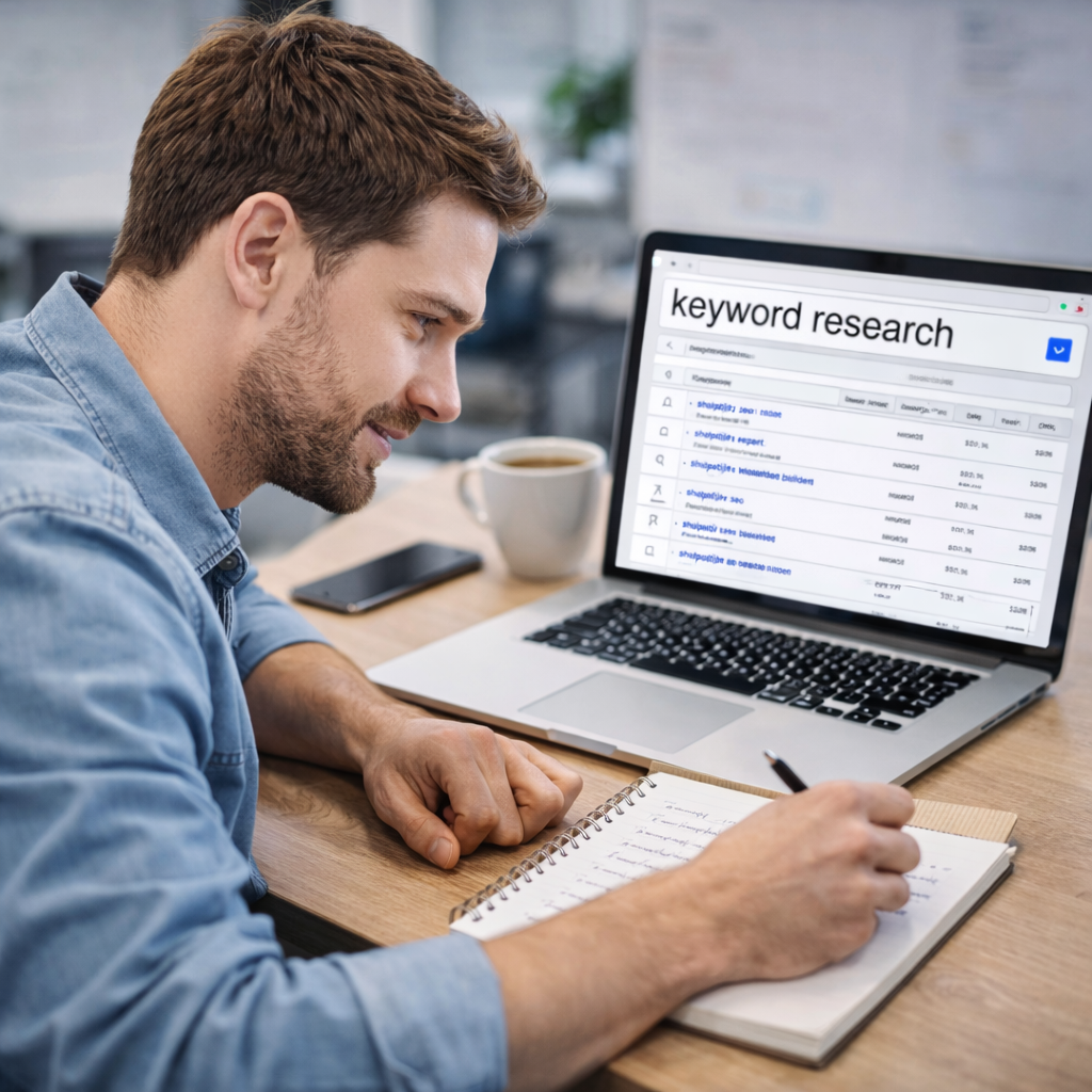 Man working on keyword research on a laptop at a desk