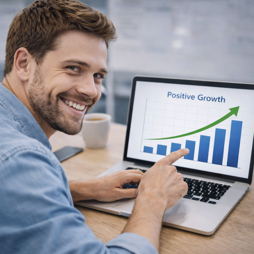 Man pointing at a laptop screen showing positive growth chart in an office setting