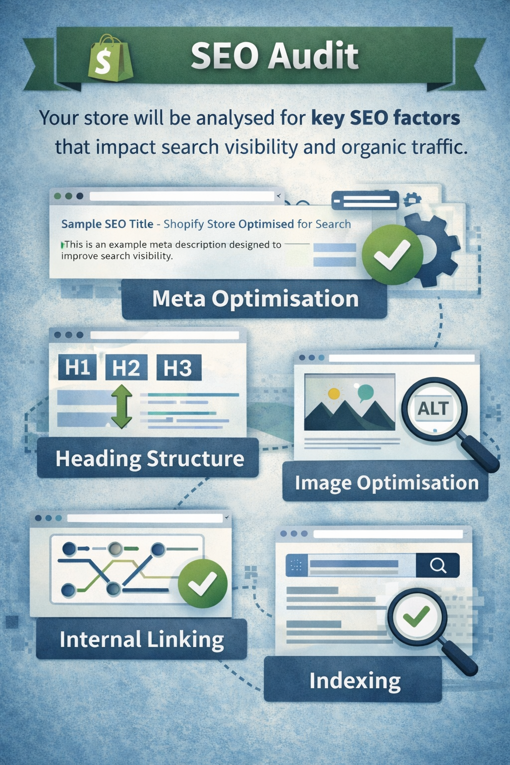 SEO audit infographic with various optimization steps on a blue background