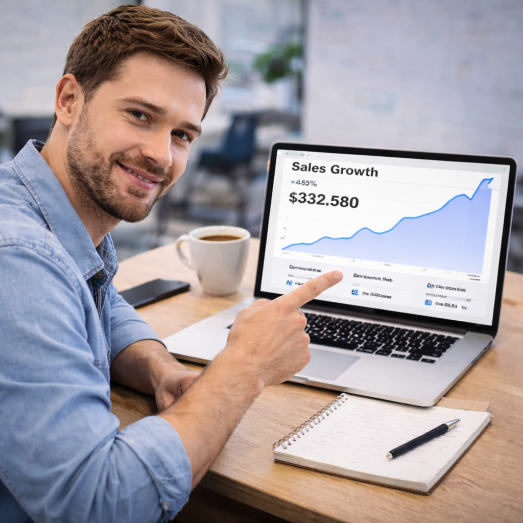 Man pointing at a laptop screen showing sales growth data in an office setting.