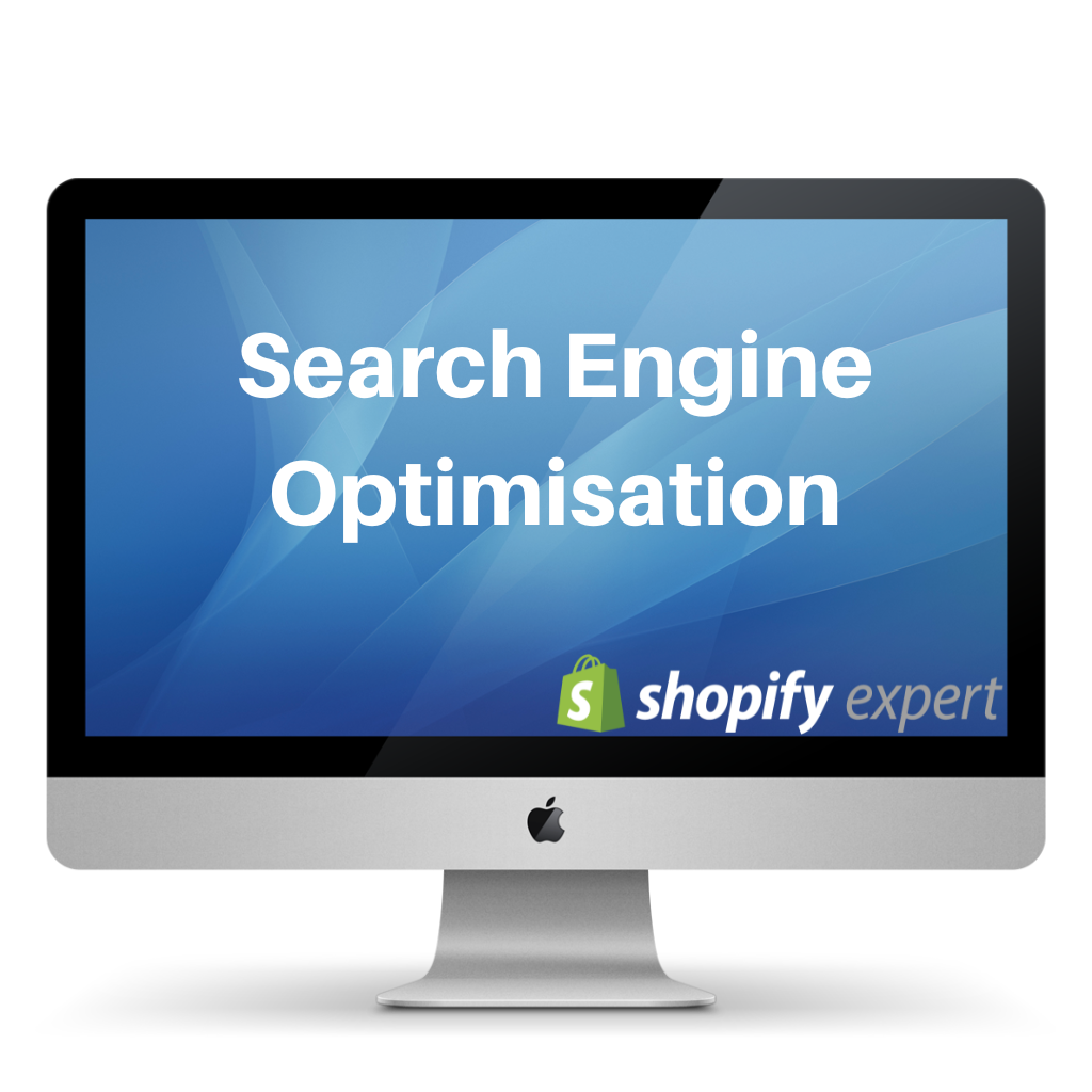 Computer monitor displaying 'Search Engine Optimisation' with Shopify Expert logo