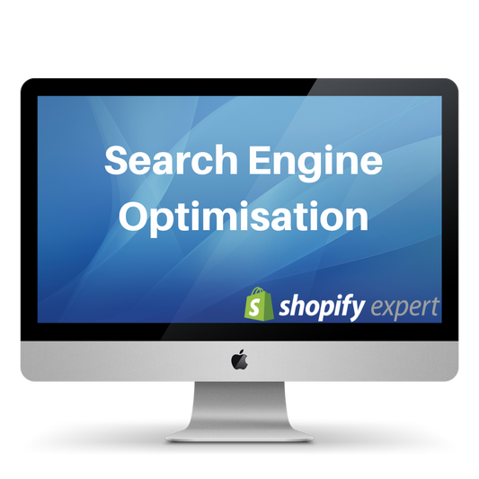 Computer monitor displaying 'Search Engine Optimisation' with Shopify Expert logo