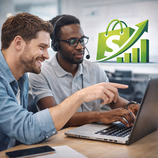Two men are working together on a laptop on a Shopify store.