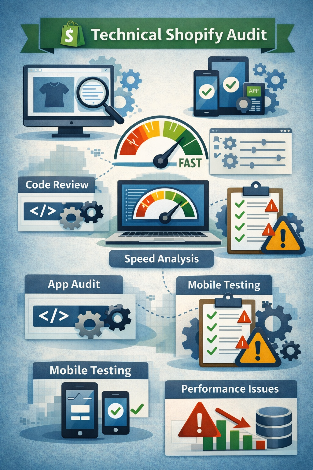 Technical Shopify Audit infographic with various icons and text on a blue background