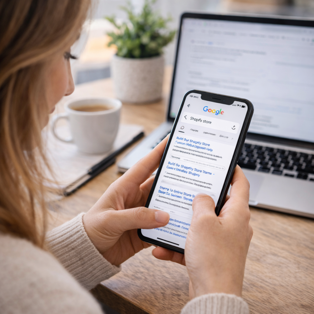 Person using a smartphone with Google search on a laptop and coffee cup in the background