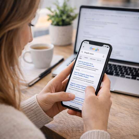 Person using a smartphone with Google search on a laptop and coffee cup in the background