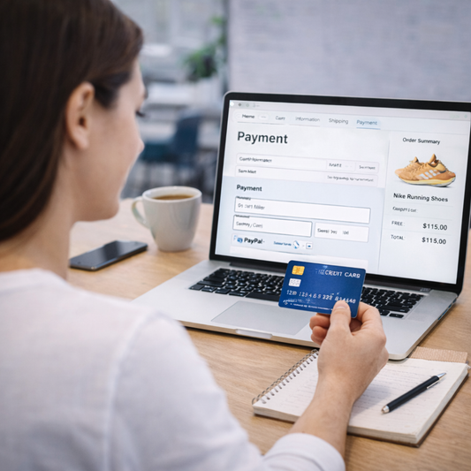Person using a laptop with a payment screen, holding a credit card, in an office setting.